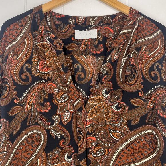 A.L.C. Racci Print Silk Blouse Sheer Long Sleeve Paisley Size Medium Brown Black - Picture 2 of 16
